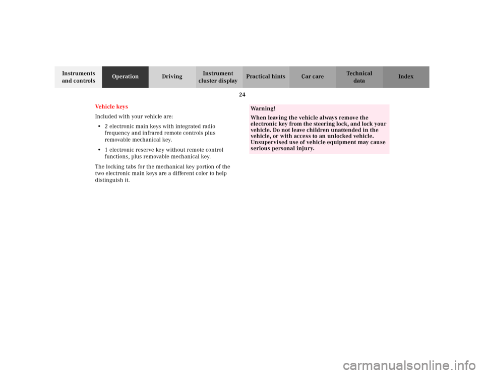 MERCEDES-BENZ E320 2000 W210 Owners Guide 24
Te ch n ica l
data Instruments 
and controlsOperationDrivingInstrument 
cluster displayPractical hints Car care Index
Ve h i c l e  k ey s
Included with your vehicle are:
•2 electronic main keys 