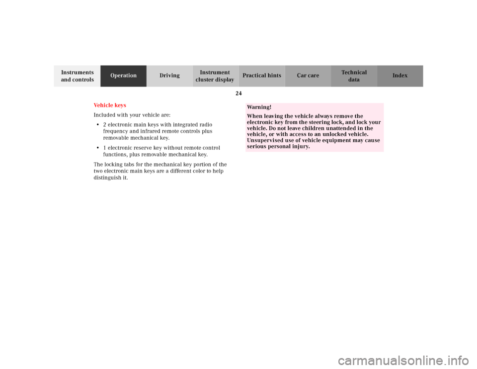MERCEDES-BENZ E320 2000 W210 Owners Manual 24
Te ch n ica l
data Instruments 
and controlsOperationDrivingInstrument 
cluster displayPractical hints Car care Index
Ve h i c l e  k ey s
Included with your vehicle are:
•2 electronic main keys 