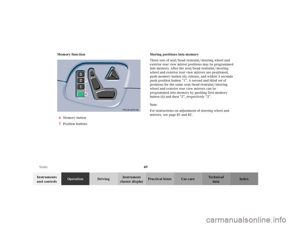 MERCEDES-BENZ E320 2000 W210 Owners Manual 49 Seats
Te ch n ica l
data Instruments 
and controlsOperationDrivingInstrument 
cluster displayPractical hints Car care Index Memory function
6Memory button
7Position buttonsStoring positions into me