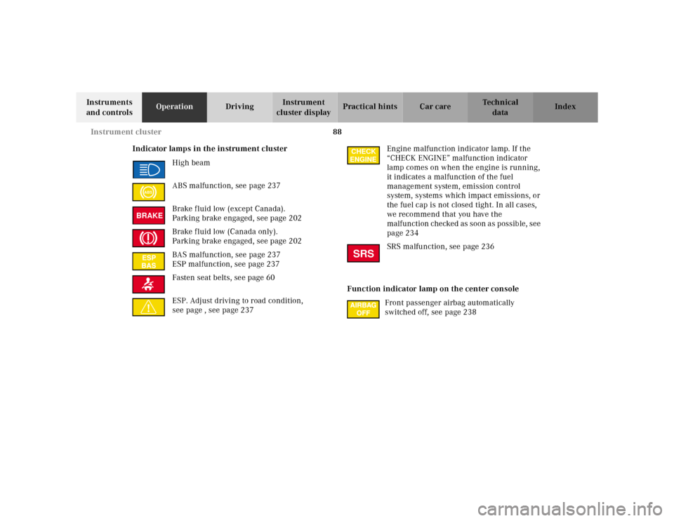 MERCEDES-BENZ E320 2000 W210 Owners Manual 88 Instrument cluster
Te ch n ica l
data Instruments 
and controlsOperationDrivingInstrument 
cluster displayPractical hints Car care Index
Indicator lamps in the instrument cluster
High beam
ABS malf