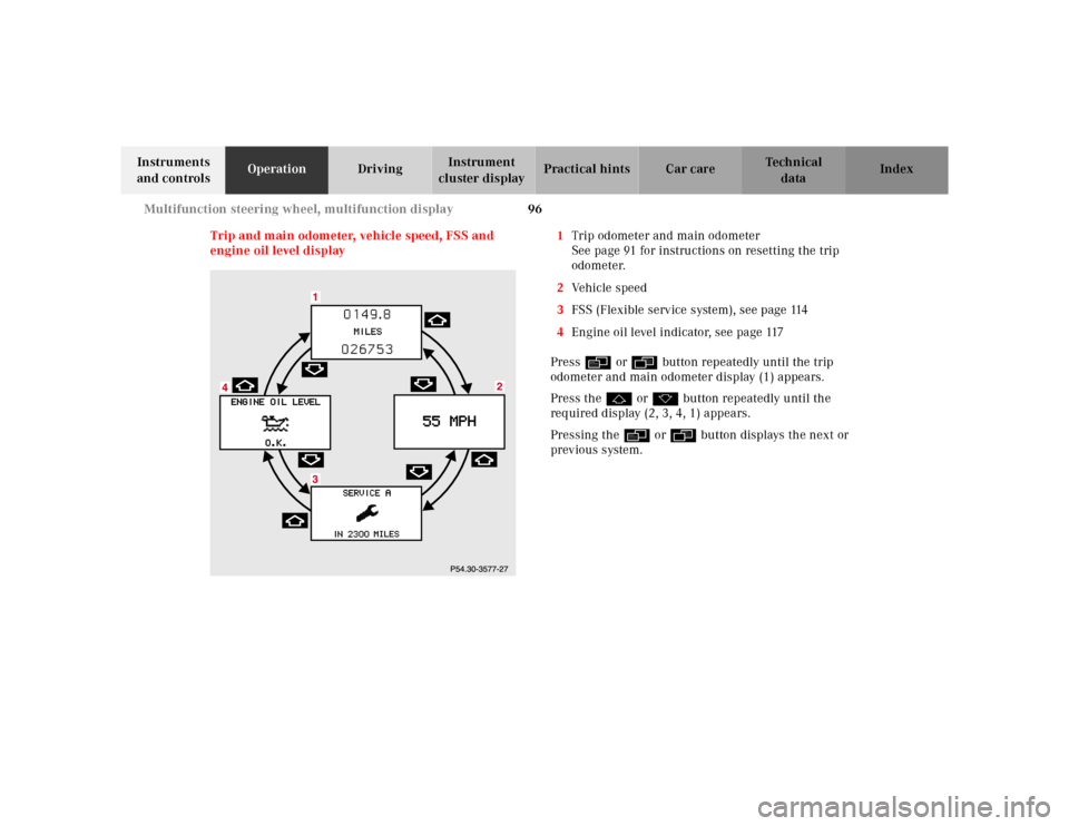 MERCEDES-BENZ E55AMG 2000 W210 Owners Manual 96 Multifunction steering wheel, multifunction display
Te ch n ica l
data Instruments 
and controlsOperationDrivingInstrument 
cluster displayPractical hints Car care Index
Trip and main odometer, veh