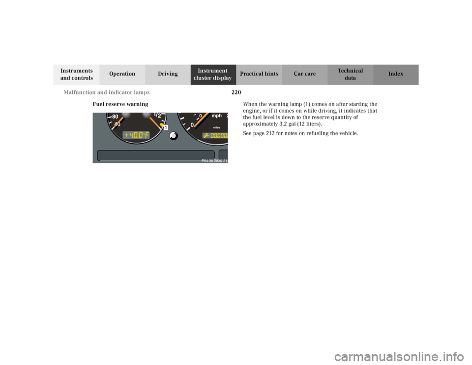 MERCEDES-BENZ M55AMG 2000 W163 Owners Manual 220 Malfunction and indicator lamps
Te ch n ica l
data Instruments
and controlsOperation DrivingInstrument
cluster displayPractical hints Car care Index
Fuel reserve warningWhen the warning lamp (1) MERCEDES-BENZ M55AMG 2000 W163 Owners Manual 220 Malfunction and indicator lamps
Te ch n ica l
data Instruments
and controlsOperation DrivingInstrument
cluster displayPractical hints Car care Index
Fuel reserve warningWhen the warning lamp (1)