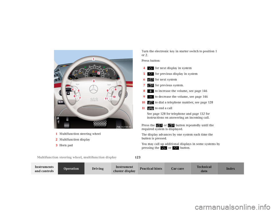 MERCEDES-BENZ S55AMG 2000 W220 Owners Manual 123 Multifunction steering wheel, multifunction display
Te ch n ica l
data Instruments
and controlsOperationDrivingInstrument
cluster displayPractical hints Car care Index 1Multifunction steering wh MERCEDES-BENZ S55AMG 2000 W220 Owners Manual 123 Multifunction steering wheel, multifunction display
Te ch n ica l
data Instruments
and controlsOperationDrivingInstrument
cluster displayPractical hints Car care Index 1Multifunction steering wh