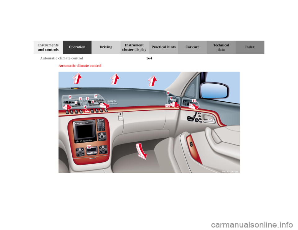 MERCEDES-BENZ S500 2000 W220 Owners Manual 164 Automatic climate control
Te ch n ica l
data Instruments 
and controlsOperationDrivingInstrument 
cluster displayPractical hints Car care Index
Automatic climate control
33
2
1
3
45
67
89
P83.40-2