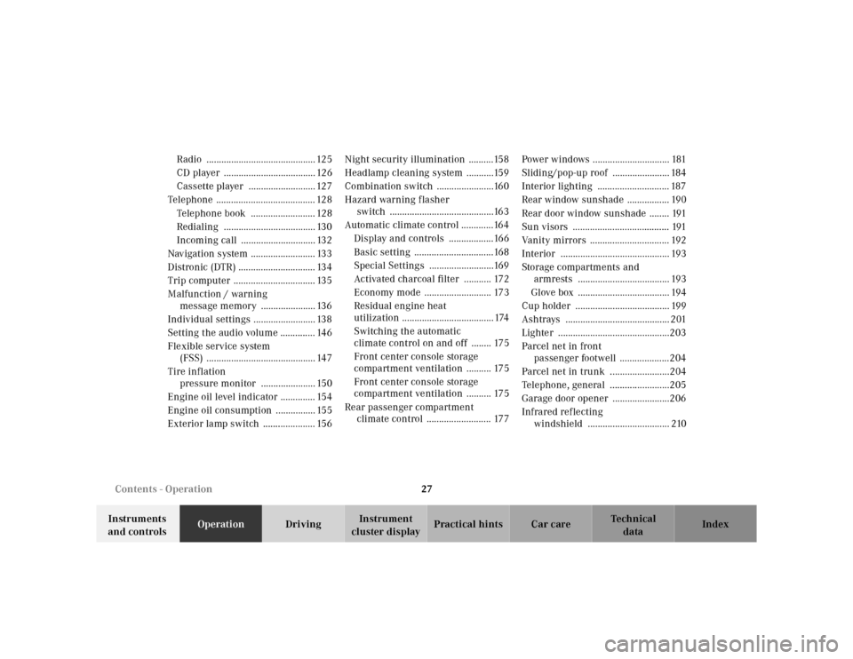 MERCEDES-BENZ S500 2000 W220 Owners Manual 27 Contents - Operation
Te ch n ica l
data Instruments 
and controlsOperationDrivingInstrument 
cluster displayPractical hints Car care Index Radio ............................................ 125
CD 