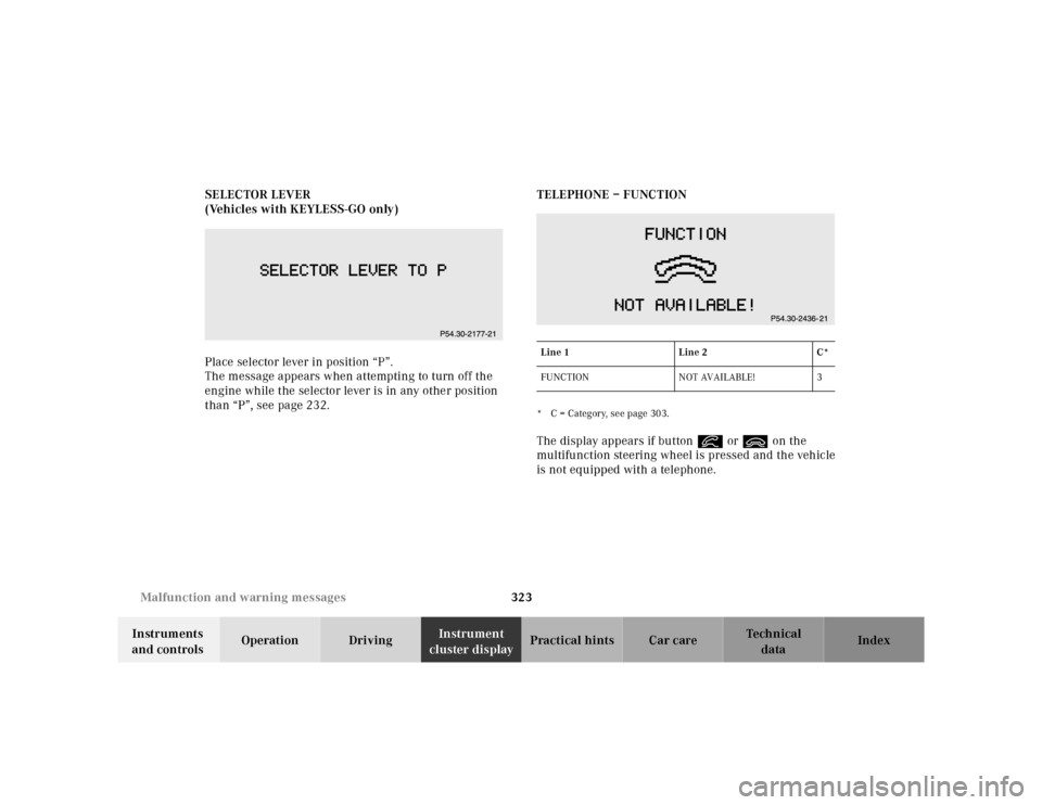 MERCEDES-BENZ S55AMG 2000 W220 Owners Manual 323 Malfunction and warning messages
Te ch n ica l
data Instruments
and controlsOperation DrivingInstrument
cluster displayPractical hints Car care Index SELECTOR LEVER
(Vehicles with KEYLESS-GO onl MERCEDES-BENZ S55AMG 2000 W220 Owners Manual 323 Malfunction and warning messages
Te ch n ica l
data Instruments
and controlsOperation DrivingInstrument
cluster displayPractical hints Car care Index SELECTOR LEVER
(Vehicles with KEYLESS-GO onl