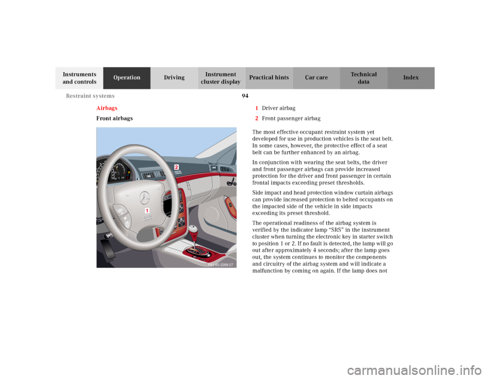 MERCEDES-BENZ S55AMG 2000 W220 Owners Manual 94 Restraint systems
Te ch n ica l
data Instruments 
and controlsOperationDrivingInstrument 
cluster displayPractical hints Car care Index
Airbags
Front airbags1Driver airbag
2Front passenger airbag
T