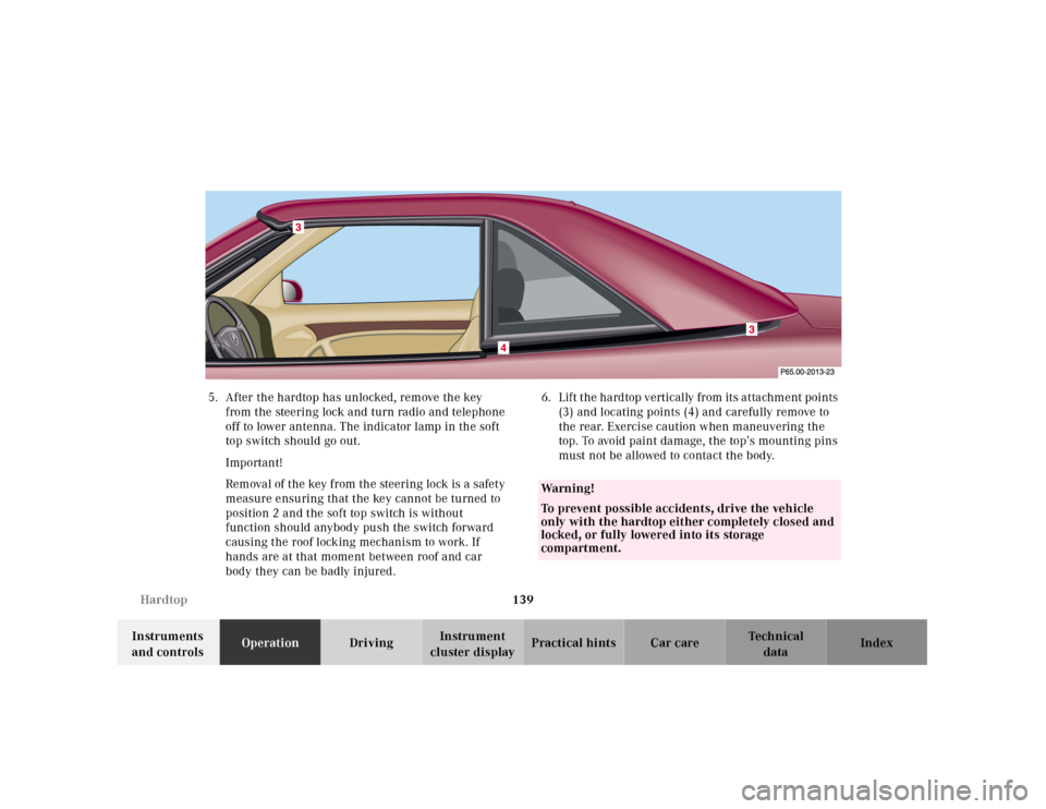 MERCEDES-BENZ SL500 2000 R129 Owners Manual 139 Hardtop
Technical
data Instruments 
and controlsOperationDrivingInstrument 
cluster displayPractical hints Car care Index 5. After the hardtop has unlocked, remove the key 
from the steering lock 