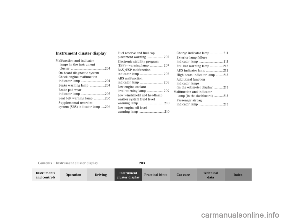 MERCEDES-BENZ SL500 2000 R129 Owners Manual 203 Contents – Instrument cluster display
Technical
data Instruments 
and controlsOperation DrivingInstrument 
cluster displayPractical hints Car care Index
Instrument cluster displayMalfunction and