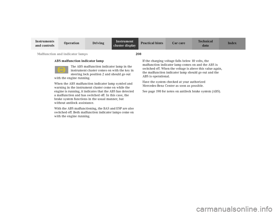 MERCEDES-BENZ SL500 2000 R129 Owners Manual 208 Malfunction and indicator lamps
Technical
data Instruments 
and controlsOperation DrivingInstrument 
cluster displayPractical hints Car care Index
ABS malfunction indicator lamp
The ABS malfunctio