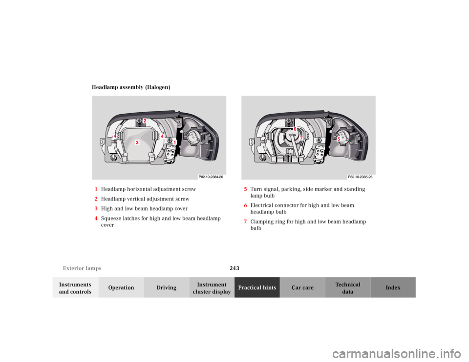 MERCEDES-BENZ SL500 2000 R129 Owners Manual 243 Exterior lamps
Technical
data Instruments 
and controlsOperation DrivingInstrument 
cluster displayPractical hintsCar care Index Headlamp assembly (Halogen)
1Headlamp horizontal adjustment screw
2