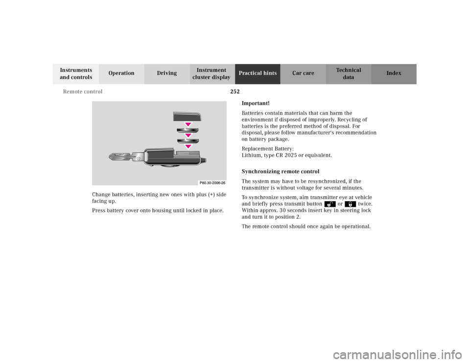 MERCEDES-BENZ SL600 2000 R129 Owners Manual 252 Remote control
Technical
data Instruments 
and controlsOperation DrivingInstrument 
cluster displayPractical hintsCar care Index
Change batteries, inserting new ones with plus (+) side 
facing up.