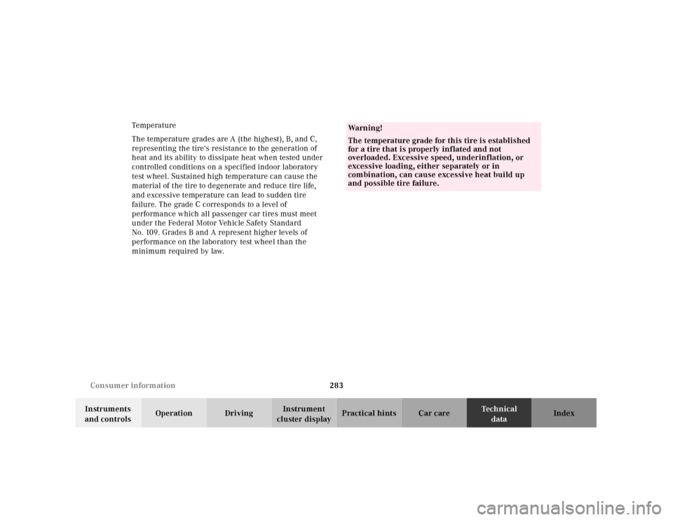 MERCEDES-BENZ SL500 2000 R129 Owners Manual 283 Consumer information
Technical
data Instruments 
and controlsOperation DrivingInstrument 
cluster displayPractical hints Car care Index Temp era tur e
The temperature grades are A (the highest), B
