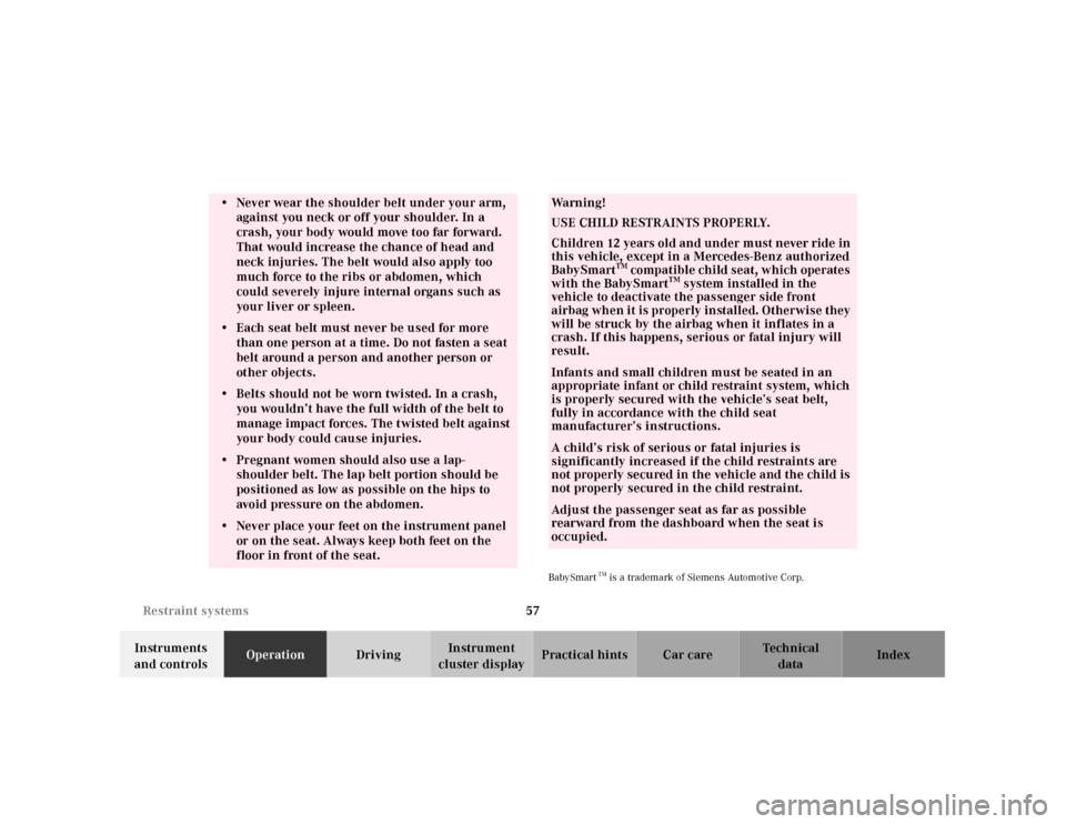 MERCEDES-BENZ SL600 2000 R129 Repair Manual 57 Restraint systems
Technical
data Instruments 
and controlsOperationDrivingInstrument 
cluster displayPractical hints Car care Index
BabySmart
TM is a trademark of Siemens Automotive Corp.
• Never