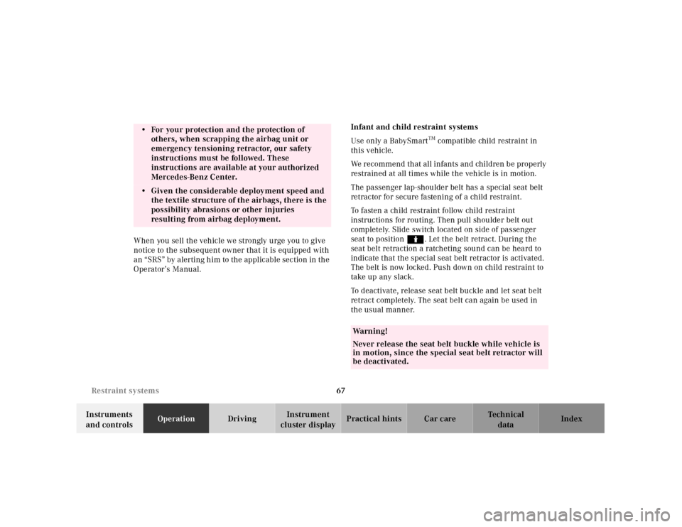MERCEDES-BENZ SL500 2000 R129 Owners Manual 67 Restraint systems
Technical
data Instruments 
and controlsOperationDrivingInstrument 
cluster displayPractical hints Car care Index When you sell the vehicle we strongly urge you to give 
notice to