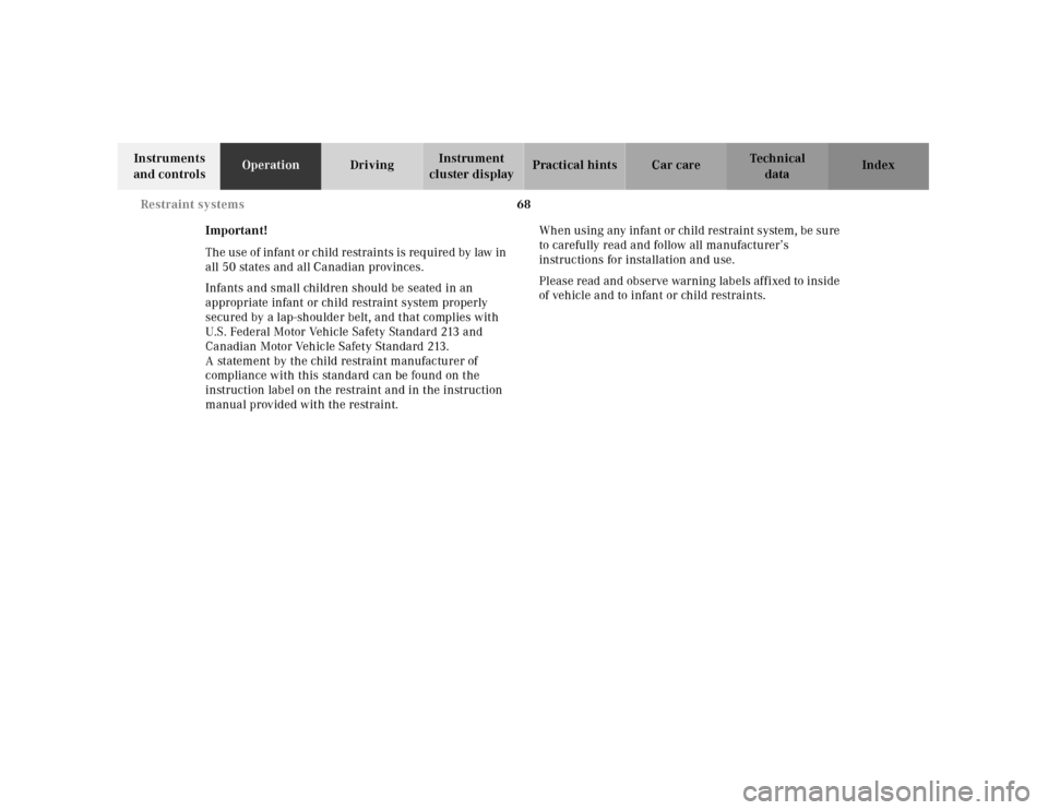 MERCEDES-BENZ SL600 2000 R129 Manual PDF 68 Restraint systems
Technical
data Instruments 
and controlsOperationDrivingInstrument 
cluster displayPractical hints Car care Index
Important!
Th e use of infant or child restraints is req uire d b
