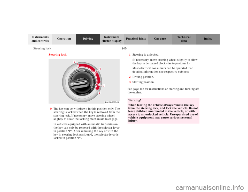 MERCEDES-BENZ SLK320 2000 R170 Owners Manual 140 Steering lock
Te ch n ica l
data Instruments
and controlsOperationDrivingInstrument
cluster displayPractical hints Car care Index
Steering lock
0The key can be withdrawn in this position only. T MERCEDES-BENZ SLK320 2000 R170 Owners Manual 140 Steering lock
Te ch n ica l
data Instruments
and controlsOperationDrivingInstrument
cluster displayPractical hints Car care Index
Steering lock
0The key can be withdrawn in this position only. T