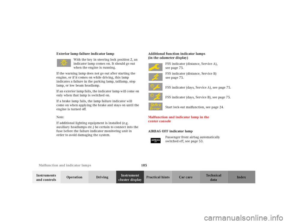 MERCEDES-BENZ SLK230 2000 R170 Owners Manual 185 Malfunction and indicator lamps
Te ch n ica l
data Instruments 
and controlsOperation DrivingInstrument 
cluster displayPractical hints Car care Index Exterior lamp failure indicator lamp
With the
