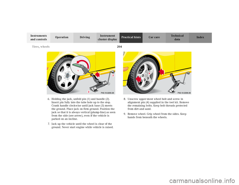 MERCEDES-BENZ SLK320 2000 R170 Owners Manual 204 Tires, wheels
Te ch n ica l
data Instruments
and controlsOperation DrivingInstrument
cluster displayPractical hintsCar care Index
6.Holding the jack, unfold pin (1) and handle (2).
Insert pin f MERCEDES-BENZ SLK320 2000 R170 Owners Manual 204 Tires, wheels
Te ch n ica l
data Instruments
and controlsOperation DrivingInstrument
cluster displayPractical hintsCar care Index
6.Holding the jack, unfold pin (1) and handle (2).
Insert pin f