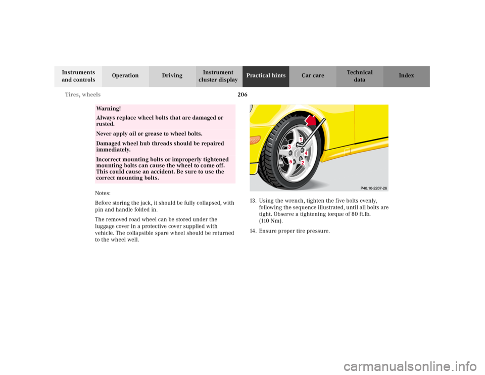 MERCEDES-BENZ SLK230 2000 R170 Owners Manual 206 Tires, wheels
Te ch n ica l
data Instruments 
and controlsOperation DrivingInstrument 
cluster displayPractical hintsCar care Index
Notes:
Before storing t he j ack , it shoul d be ful ly c ol lap