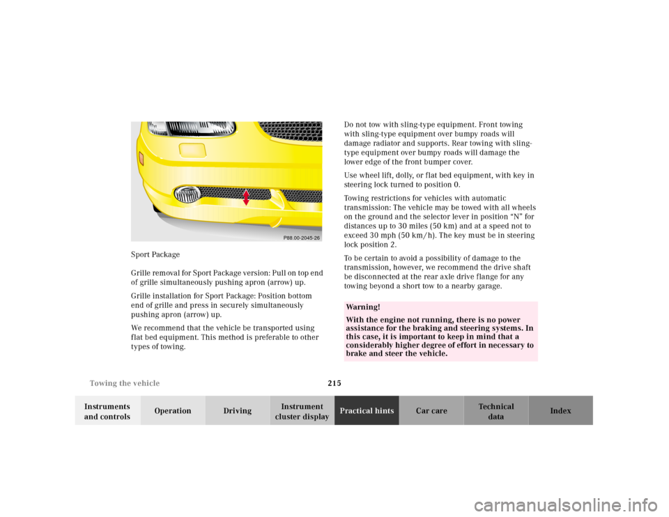 MERCEDES-BENZ SLK320 2000 R170 Owners Manual 215 Towing the vehicle
Te ch n ica l
data Instruments 
and controlsOperation DrivingInstrument 
cluster displayPractical hintsCar care Index Sport Package
G r il l e  re m ova l  f or  S p or t  Pa ck