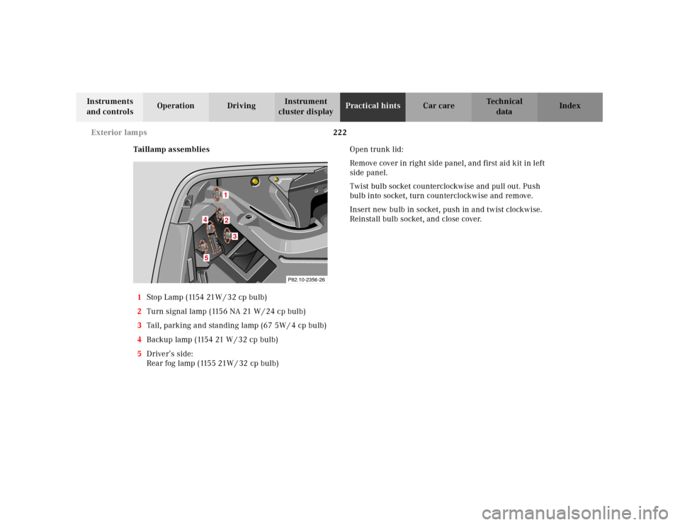MERCEDES-BENZ SLK320 2000 R170 Owners Manual 222 Exterior lamps
Te ch n ica l
data Instruments 
and controlsOperation DrivingInstrument 
cluster displayPractical hintsCar care Index
Taillamp assemblies
1Stop Lamp (1154 21W / 32 cp bulb)
2Turn si