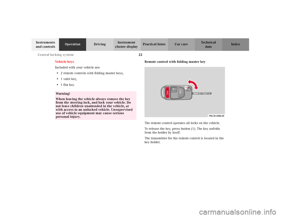 MERCEDES-BENZ SLK320 2000 R170 Owners Guide 22 Central locking system
Te ch n ica l
data Instruments 
and controlsOperationDrivingInstrument 
cluster displayPractical hints Car care Index
Ve h i c l e   k ey s
Included with your vehicle are:
