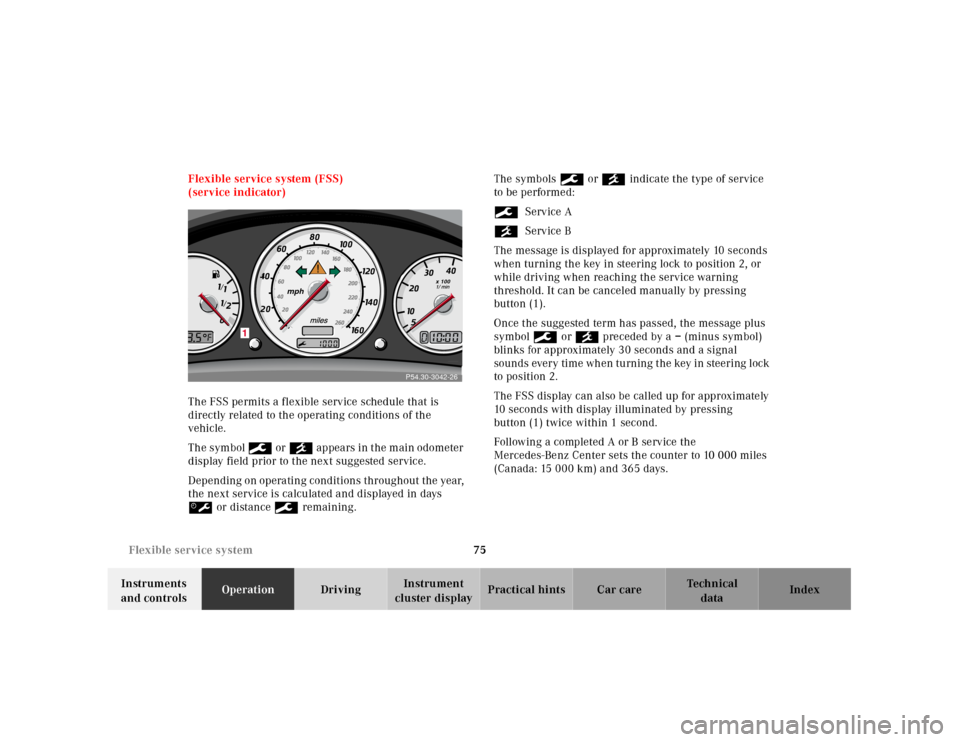 MERCEDES-BENZ SLK320 2000 R170 Manual PDF 75 Flexible service system
Te ch n ica l
data Instruments 
and controlsOperationDrivingInstrument 
cluster displayPractical hints Car care Index Flexible service system (FSS)
(service indicator)
The F