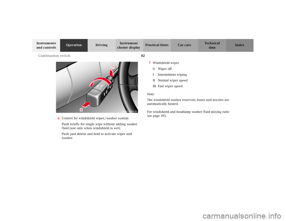 MERCEDES-BENZ SLK320 2000 R170 Owners Manual 82 Combination switch
Te ch n ica l
data Instruments 
and controlsOperationDrivingInstrument 
cluster displayPractical hints Car care Index
6Control for windshield wiper / washer system:
Push brief ly