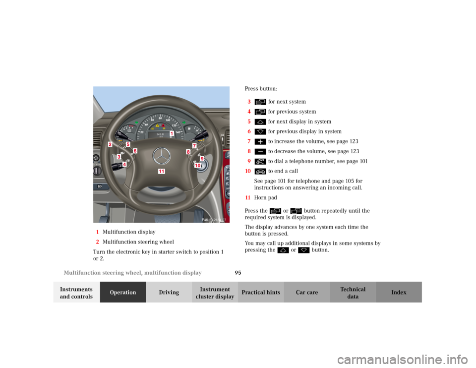 MERCEDES-BENZ C240 2001 W203 Owners Manual 95 Multifunction steering wheel, multifunction display
Te ch n i c a l
data Instruments 
and controlsOperationDrivingInstrument 
cluster displayPractical hints Car care Index 1Multifunction display
2M