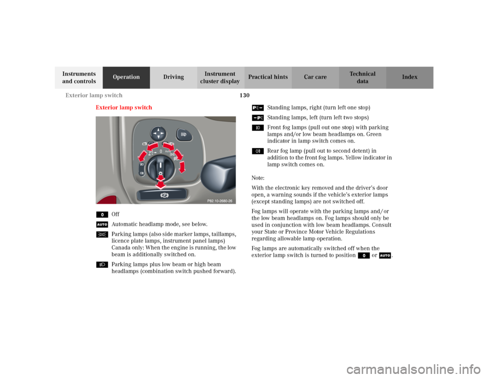 MERCEDES-BENZ C240 2001 W203 Owners Manual 130 Exterior lamp switch
Te ch n i c a l
data Instruments 
and controlsOperationDrivingInstrument 
cluster displayPractical hints Car care Index
Exterior lamp switch
MOff
UAutomatic headlamp mode, see