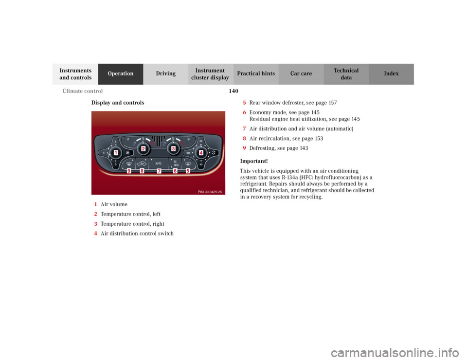 MERCEDES-BENZ C320 2001 W203 Owners Manual 140 Climate control
Te ch n i c a l
data Instruments
and controlsOperationDrivingInstrument
cluster displayPractical hints Car care Index
Display and controls
1Air volume
2Temperature control, left
MERCEDES-BENZ C320 2001 W203 Owners Manual 140 Climate control
Te ch n i c a l
data Instruments
and controlsOperationDrivingInstrument
cluster displayPractical hints Car care Index
Display and controls
1Air volume
2Temperature control, left