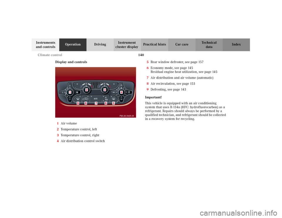 MERCEDES-BENZ C240 2001 W203 Owners Manual 140 Climate control
Te ch n i c a l
data Instruments 
and controlsOperationDrivingInstrument 
cluster displayPractical hints Car care Index
Display and controls
1Air volume
2Temperature control, left
