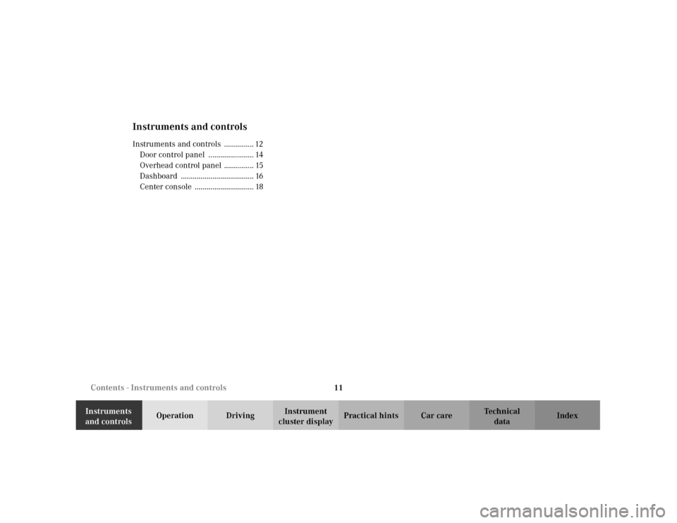 MERCEDES-BENZ C240 2001 W203 Owners Manual 11 Contents - Instruments and controls
Te ch n i c a l
data Instruments 
and controlsOperation DrivingInstrument 
cluster displayPractical hints Car care Index
Instruments and controlsInstruments and 