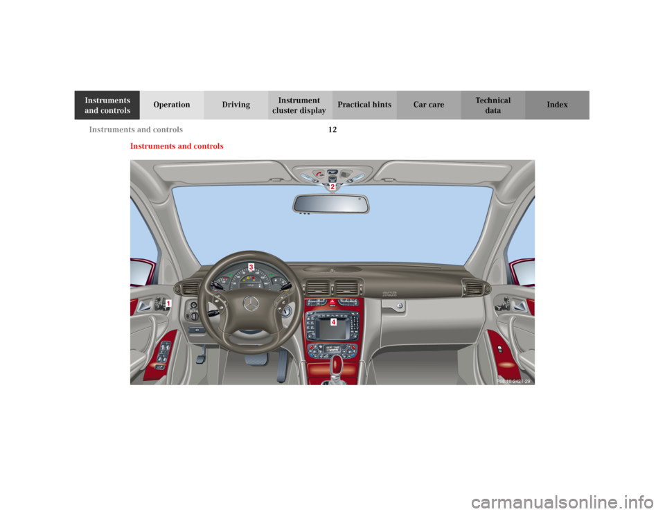 MERCEDES-BENZ C240 2001 W203 Owners Manual 12 Instruments and controls
Te ch n i c a l
data Instruments 
and controlsOperation DrivingInstrument 
cluster displayPractical hints Car care Index
Instruments and controls
P68.10-2421-29 