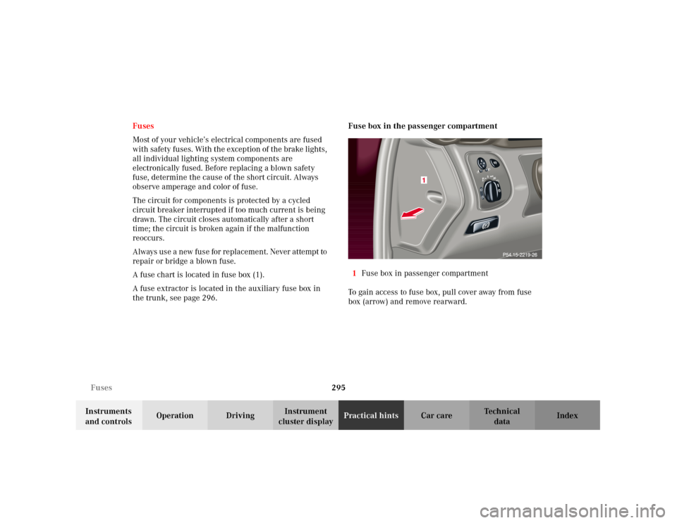 MERCEDES-BENZ C240 2001 W203 User Guide 295 Fuses
Te ch n i c a l
data Instruments 
and controlsOperation DrivingInstrument 
cluster displayPractical hintsCar care Index Fuses
Most of your vehicle’s electrical components are fused 
with s