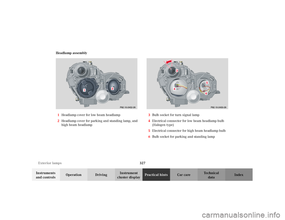 MERCEDES-BENZ C240 2001 W203 Owners Manual 327 Exterior lamps
Te ch n i c a l
data Instruments 
and controlsOperation DrivingInstrument 
cluster displayPractical hintsCar care Index Headlamp assembly
1Headlamp cover for low beam headlamp
2Head