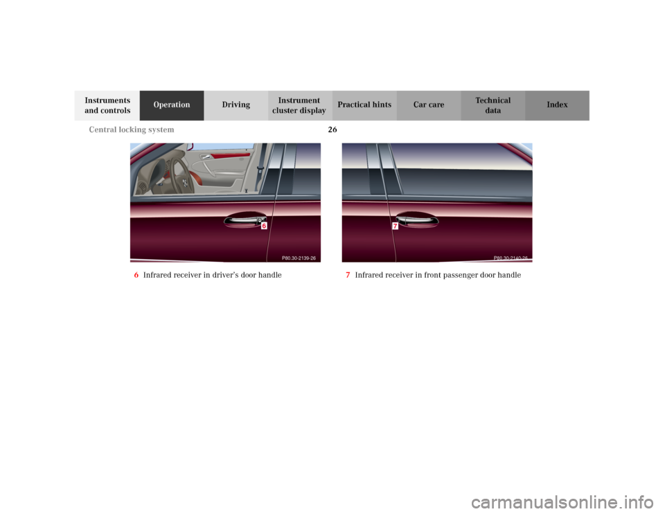 MERCEDES-BENZ C320 2001 W203 Owners Guide 26 Central locking system
Te ch n i c a l
data Instruments
and controlsOperationDrivingInstrument
cluster displayPractical hints Car care Index
6Infrared receiver in driver’s door handle7Infrared MERCEDES-BENZ C320 2001 W203 Owners Guide 26 Central locking system
Te ch n i c a l
data Instruments
and controlsOperationDrivingInstrument
cluster displayPractical hints Car care Index
6Infrared receiver in driver’s door handle7Infrared