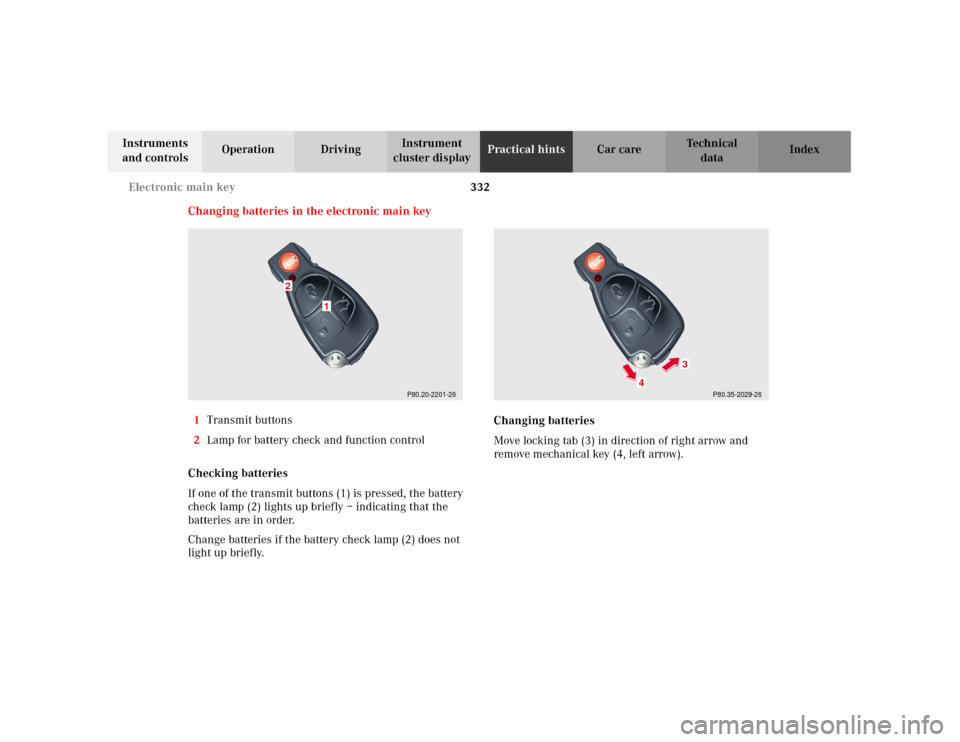 MERCEDES-BENZ C240 2001 W203 Owners Manual 332 Electronic main key
Te ch n i c a l
data Instruments 
and controlsOperation DrivingInstrument 
cluster displayPractical hintsCar care Index
Changing batteries in the electronic main key
1Transmit 