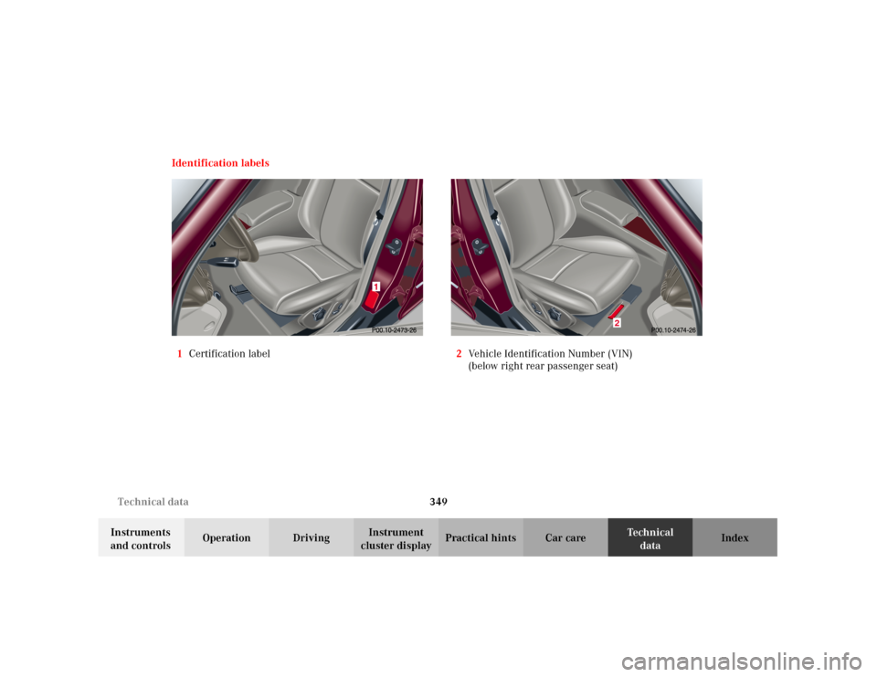 MERCEDES-BENZ C240 2001 W203 Owners Manual 349 Technical data
Te ch n i c a l
data Instruments 
and controlsOperation DrivingInstrument 
cluster displayPractical hints Car care Index Identification labels
1Certification label2Vehicle Identific