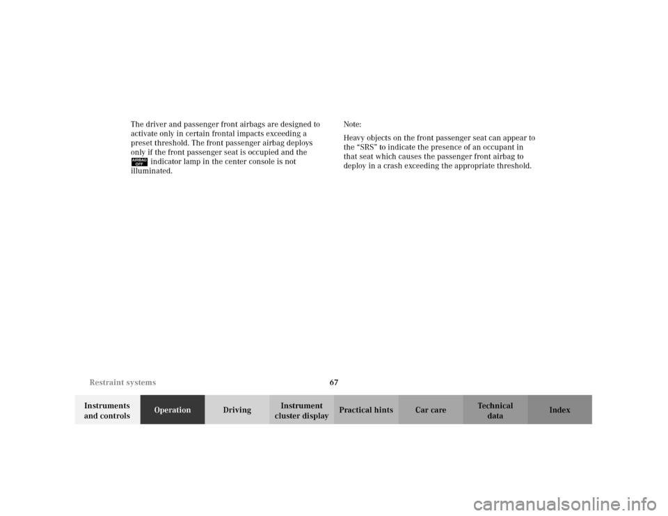 MERCEDES-BENZ C320 2001 W203 Manual PDF 67 Restraint systems
Te ch n i c a l
data Instruments 
and controlsOperationDrivingInstrument 
cluster displayPractical hints Car care Index The driver and passenger front airbags are designed to 
act