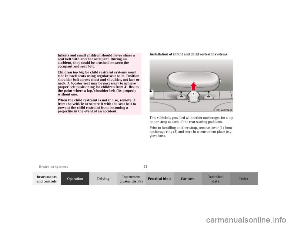 MERCEDES-BENZ C240 2001 W203 Owners Manual 75 Restraint systems
Te ch n i c a l
data Instruments 
and controlsOperationDrivingInstrument 
cluster displayPractical hints Car care IndexInstallation of infant and child restraint systems
This vehi