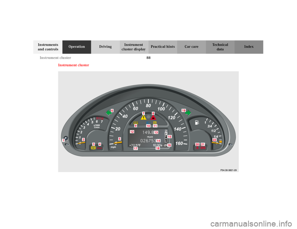 MERCEDES-BENZ C320 2001 W203 Owners Manual 88 Instrument cluster
Te ch n i c a l
data Instruments 
and controlsOperationDrivingInstrument 
cluster displayPractical hints Car care Index
Instrument cluster 
