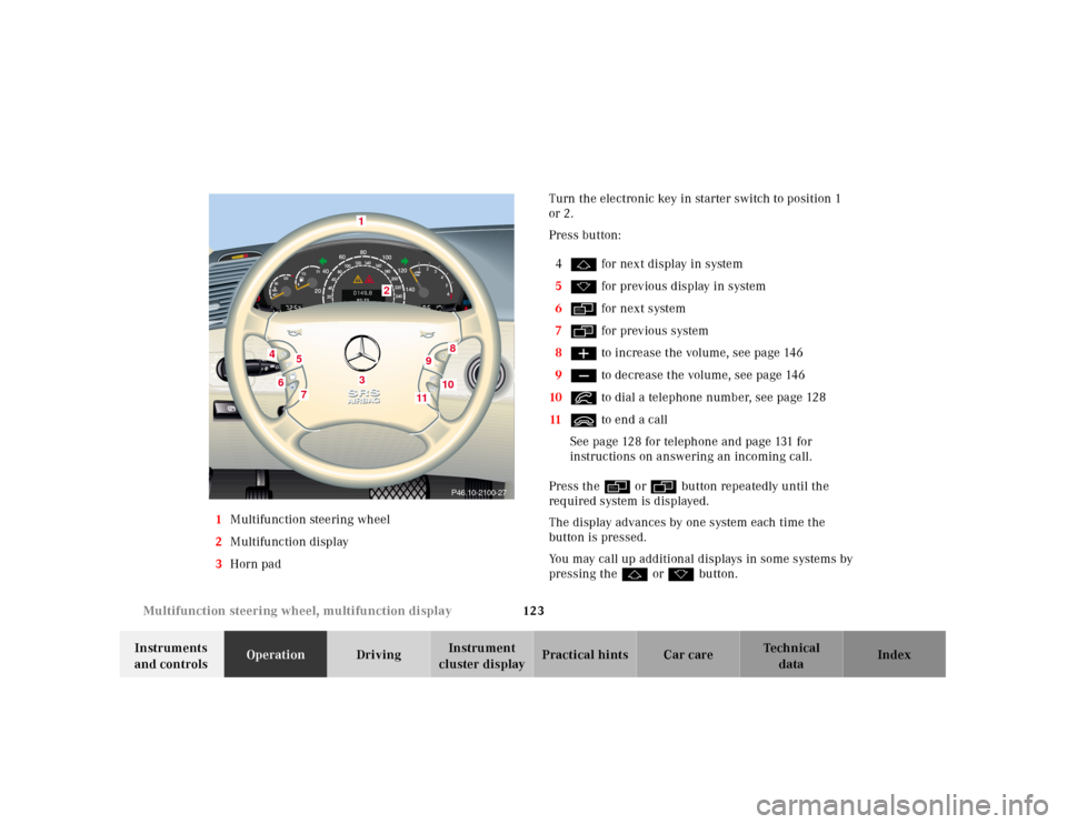 MERCEDES-BENZ CL55AMG 2001 C215 Owners Manual 123 Multifunction steering wheel, multifunction display
Te ch n ica l
data Instruments 
and controlsOperationDrivingInstrument 
cluster displayPractical hints Car care Index 1Multifunction steering wh