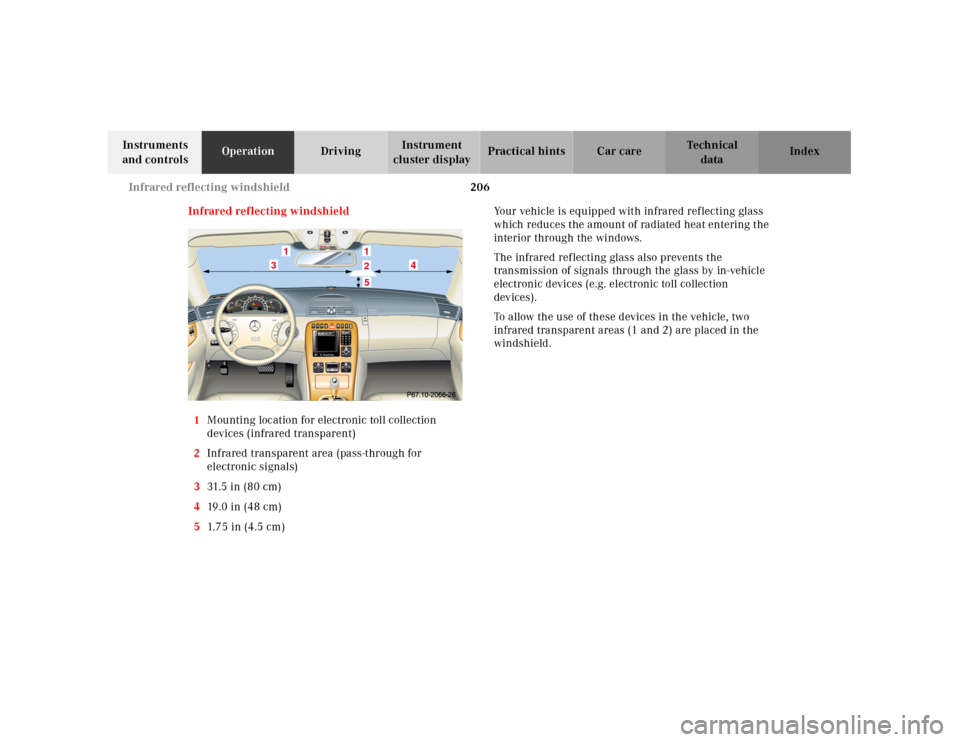 MERCEDES-BENZ CL55AMG 2001 C215 Owners Manual 206 Infrared reflecting windshield
Te ch n ica l
data Instruments 
and controlsOperationDrivingInstrument 
cluster displayPractical hints Car care Index
Infrared reflecting windshield
1Mounting locati