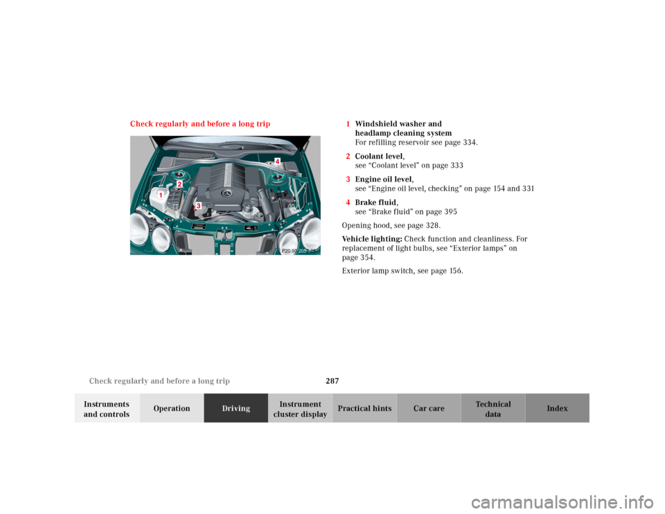 MERCEDES-BENZ CL55AMG 2001 C215 Owners Manual 287 Check regularly and before a long trip
Te ch n ica l
data Instruments 
and controlsOperationDrivingInstrument 
cluster displayPractical hints Car care Index Check regularly and before a long trip 