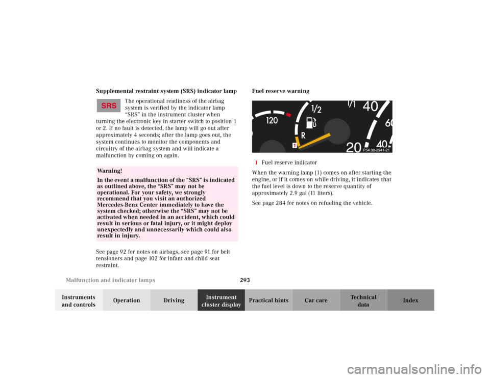 MERCEDES-BENZ CL500 2001 C215 Owners Manual 293 Malfunction and indicator lamps
Te ch n ica l
data Instruments
and controlsOperation DrivingInstrument
cluster displayPractical hints Car care Index Supplemental restraint system (SRS) indicator MERCEDES-BENZ CL500 2001 C215 Owners Manual 293 Malfunction and indicator lamps
Te ch n ica l
data Instruments
and controlsOperation DrivingInstrument
cluster displayPractical hints Car care Index Supplemental restraint system (SRS) indicator