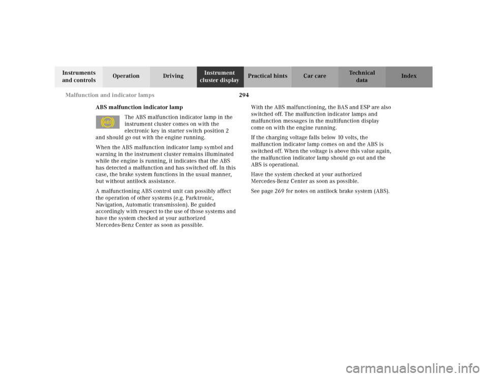 MERCEDES-BENZ CL55AMG 2001 C215 Owners Manual 294 Malfunction and indicator lamps
Te ch n ica l
data Instruments
and controlsOperation DrivingInstrument
cluster displayPractical hints Car care Index
ABS malfunction indicator lamp
The ABS malfun MERCEDES-BENZ CL55AMG 2001 C215 Owners Manual 294 Malfunction and indicator lamps
Te ch n ica l
data Instruments
and controlsOperation DrivingInstrument
cluster displayPractical hints Car care Index
ABS malfunction indicator lamp
The ABS malfun