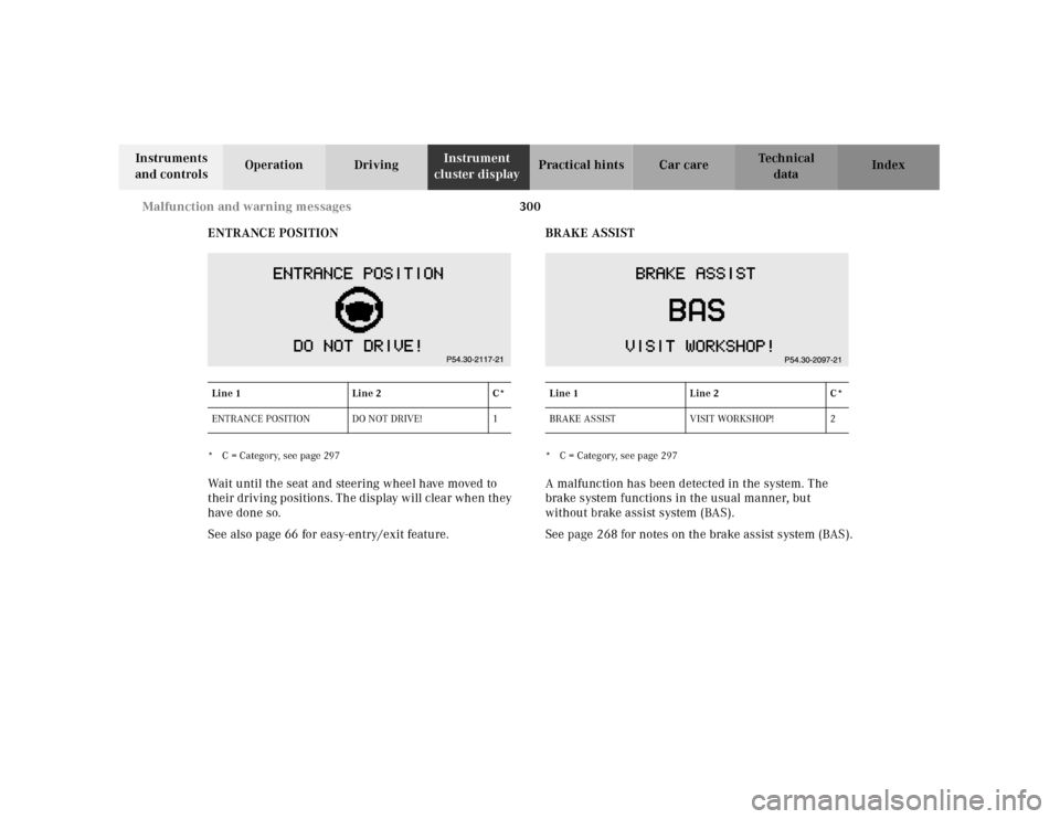 MERCEDES-BENZ CL55AMG 2001 C215 Owners Manual 300 Malfunction and warning messages
Te ch n ica l
data Instruments
and controlsOperation DrivingInstrument
cluster displayPractical hints Car care Index
ENTRANCE POSITION
* C = Category, see page 2 MERCEDES-BENZ CL55AMG 2001 C215 Owners Manual 300 Malfunction and warning messages
Te ch n ica l
data Instruments
and controlsOperation DrivingInstrument
cluster displayPractical hints Car care Index
ENTRANCE POSITION
* C = Category, see page 2