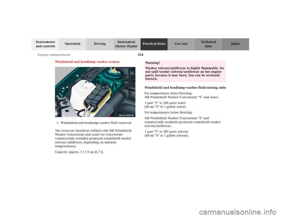MERCEDES-BENZ CL600 2001 C215 Owners Manual 334 Engine compartment
Te ch n ica l
data Instruments
and controlsOperation DrivingInstrument
cluster displayPractical hintsCar care Index
Windshield and headlamp washer system
1Windshield and headl MERCEDES-BENZ CL600 2001 C215 Owners Manual 334 Engine compartment
Te ch n ica l
data Instruments
and controlsOperation DrivingInstrument
cluster displayPractical hintsCar care Index
Windshield and headlamp washer system
1Windshield and headl